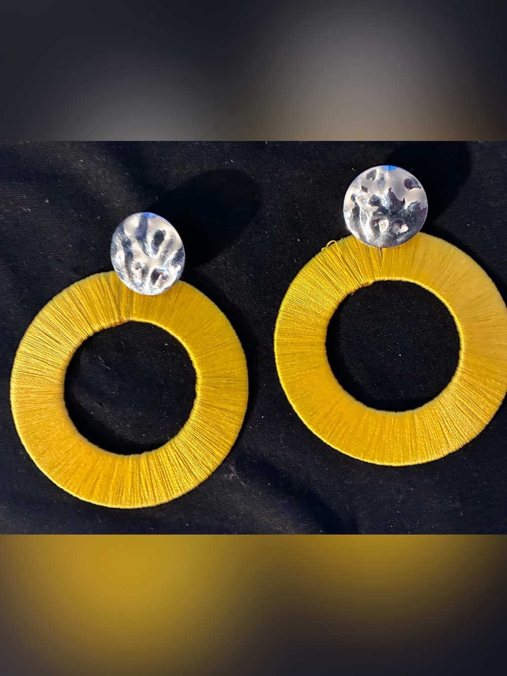 Yellow Hoop Drop Earrings with Silver Disc Top